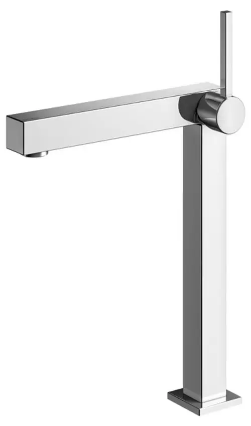 Moderne, rechteckige Küchenarmatur in chromatischer Ausführung mit senkrechtem Hebel und quadratischem Fuß. Ideal für zeitgemäße Küchendesigns.